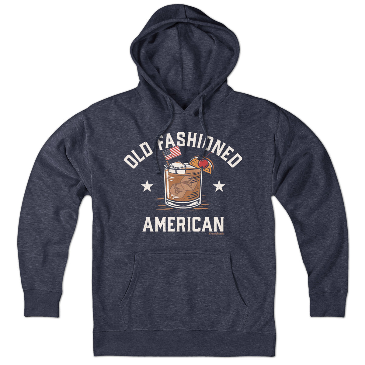 Old Fashioned American hoodie in heather blue — rocks-glass and flag graphic