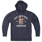 Old Fashioned American hoodie in heather blue — rocks-glass and flag graphic