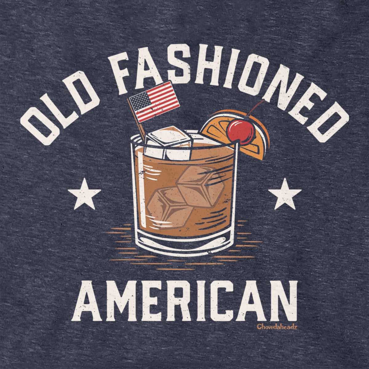 Close-up of Old Fashioned American hoodie design — rocks glass and flag detail