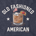 Close-up of Old Fashioned American hoodie design — rocks glass and flag detail