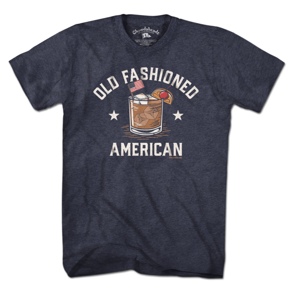 Old Fashioned American t-shirt in heather blue — rocks-glass-meets-flag chest graphic