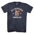 Old Fashioned American t-shirt in heather blue — rocks-glass-meets-flag chest graphic