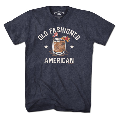 Old Fashioned American t-shirt in heather blue — rocks-glass-meets-flag chest graphic