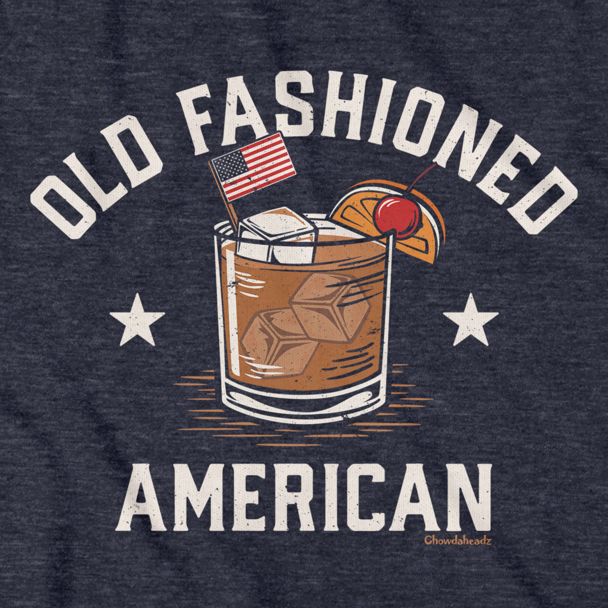 Close-up of Old Fashioned American shirt design — rocks glass and flag detail