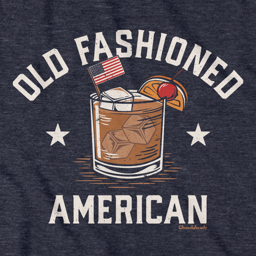 Close-up of Old Fashioned American shirt design — rocks glass and flag detail