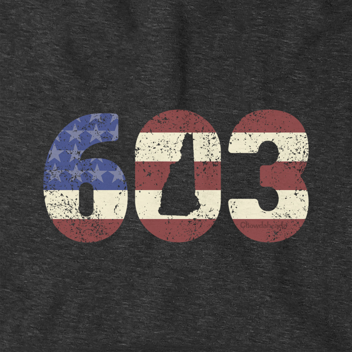 Close-up of Patriotic 603 hoodie design — area code and flag detail