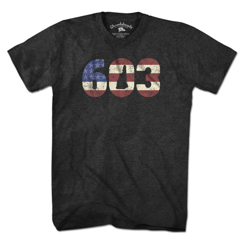 Patriotic 603 New Hampshire t-shirt with bold area-code lettering and stars-and-stripes — NH pride tee