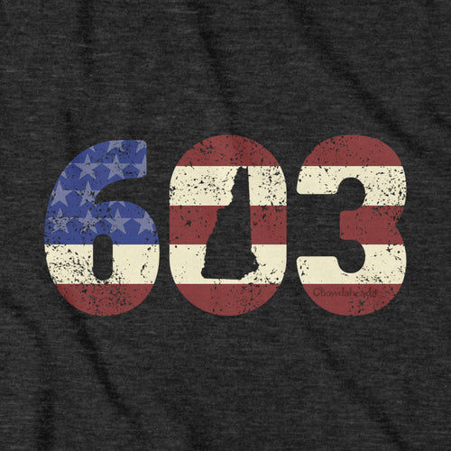 Close-up of Patriotic 603 t-shirt design — area code and flag detail