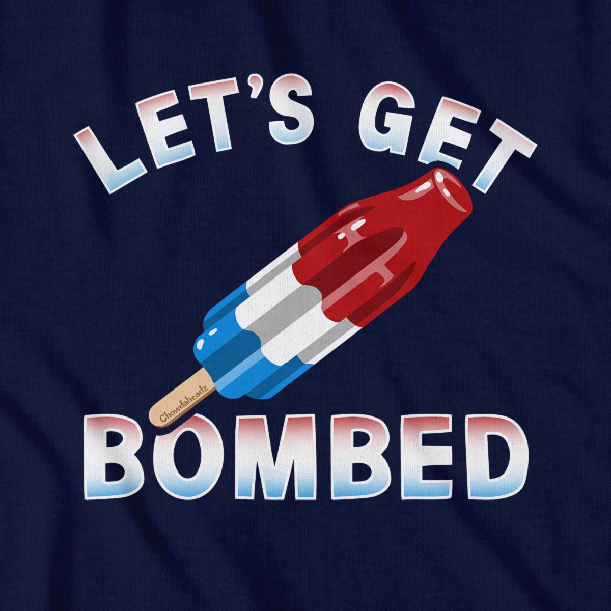Close-up of Let’s Get Bombed shirt design — bomb pop illustration detail