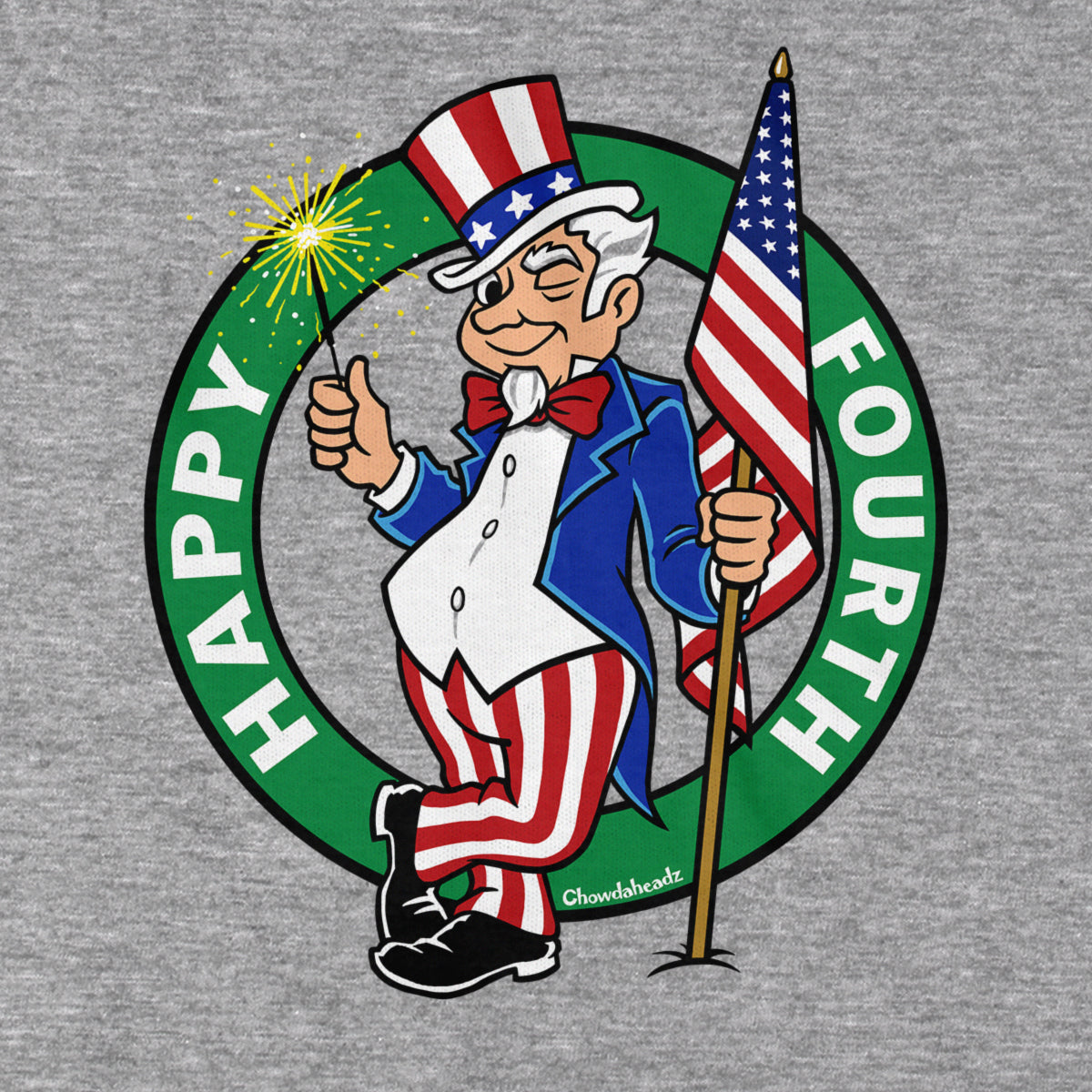 Close-up of Happy Fourth Uncle Sam shirt design — Uncle Sam circle logo detail