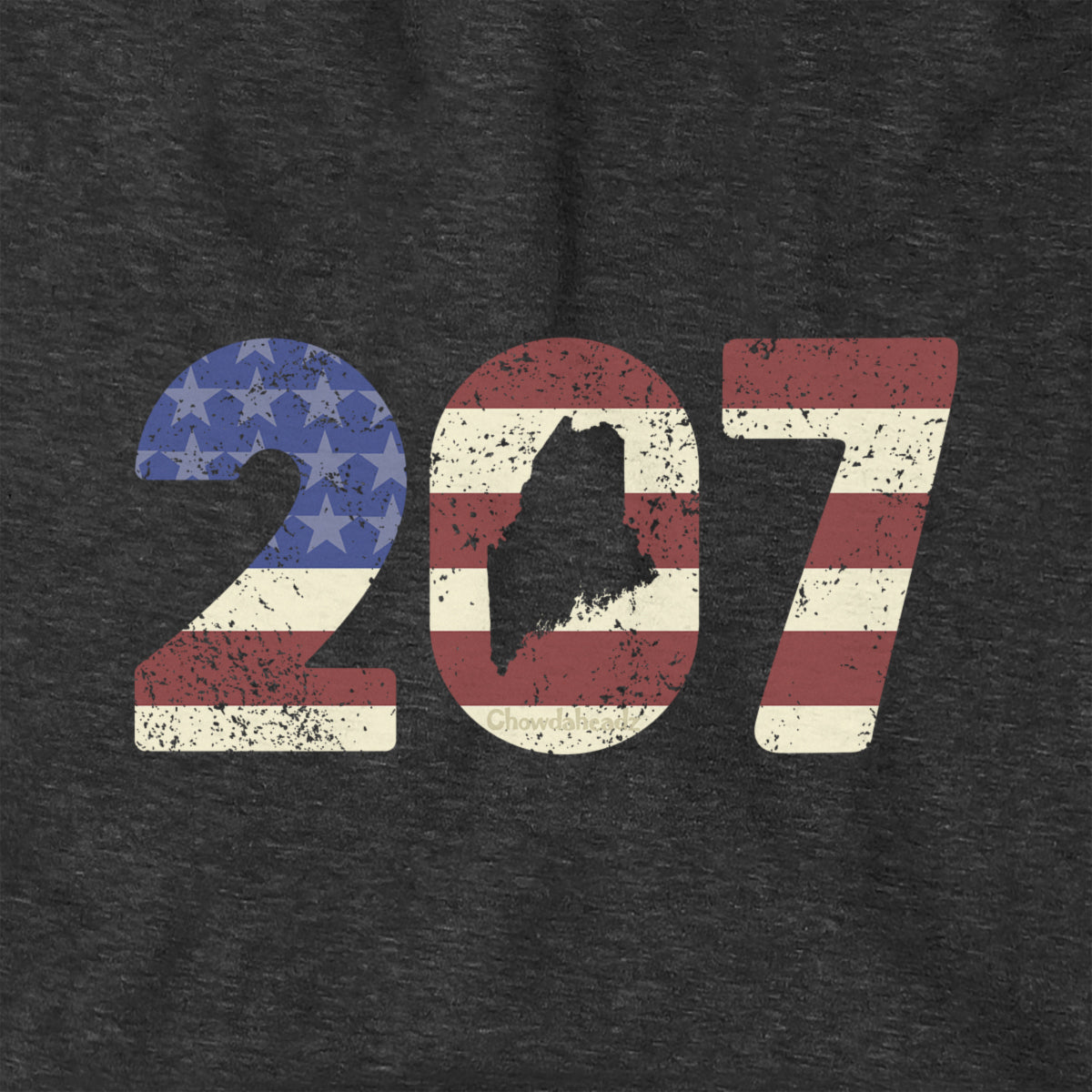 Close-up of charcoal Patriotic 207 hoodie design — area code and flag detail