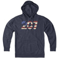 Patriotic 207 Maine hoodie in heather blue — bold area-code lettering with stars-and-stripes accent