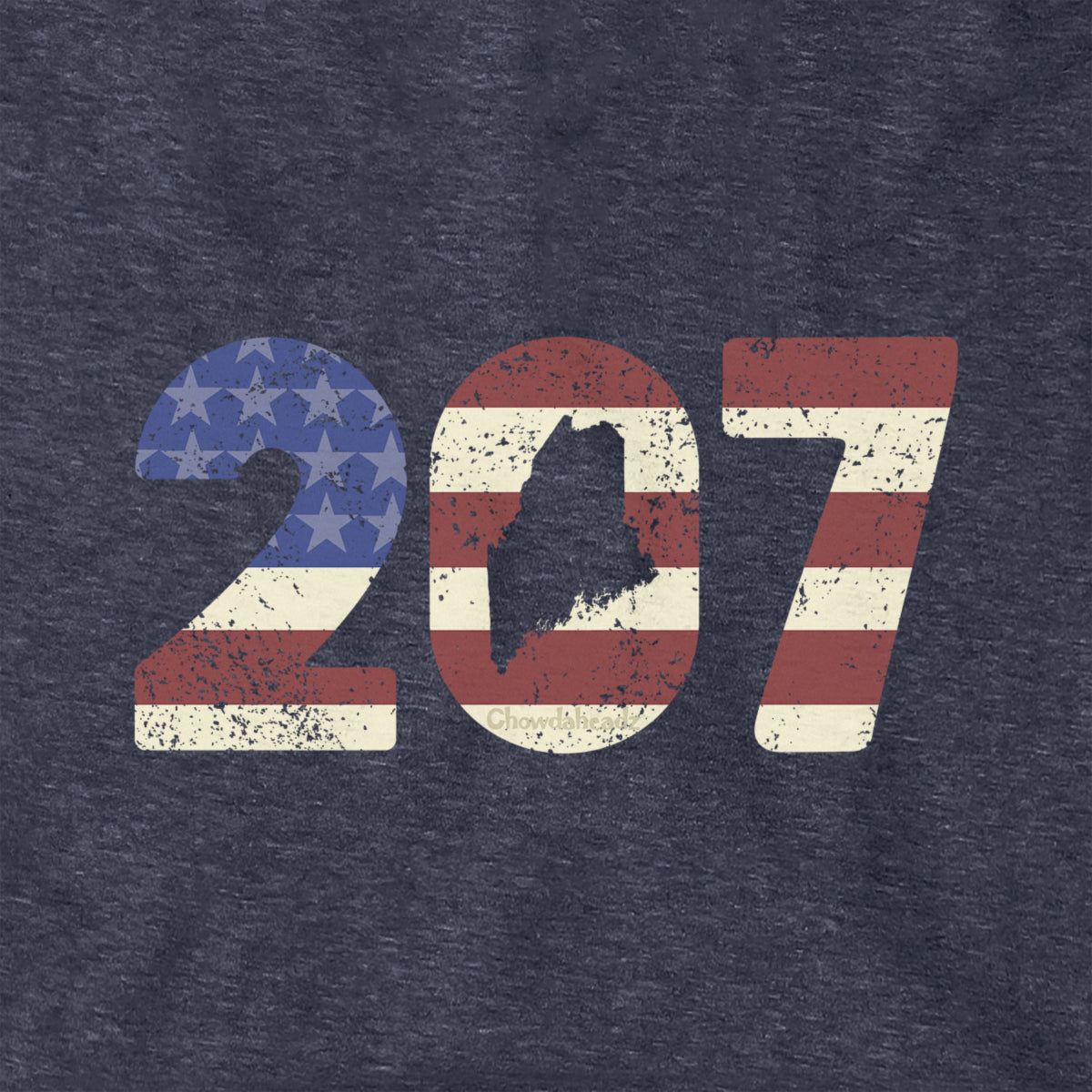 Close-up of heather blue Patriotic 207 hoodie design — area code and flag detail