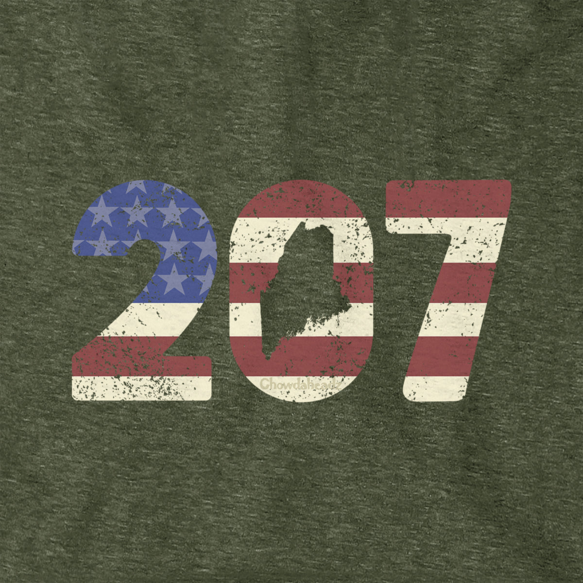 Close-up of military green Patriotic 207 hoodie design — area code and flag detail