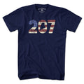 Patriotic 207 Maine t-shirt in navy — bold area-code lettering with stars-and-stripes accent