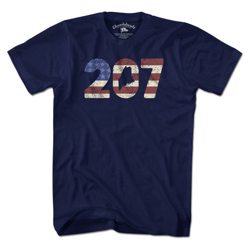 Patriotic 207 Maine t-shirt in navy — bold area-code lettering with stars-and-stripes accent