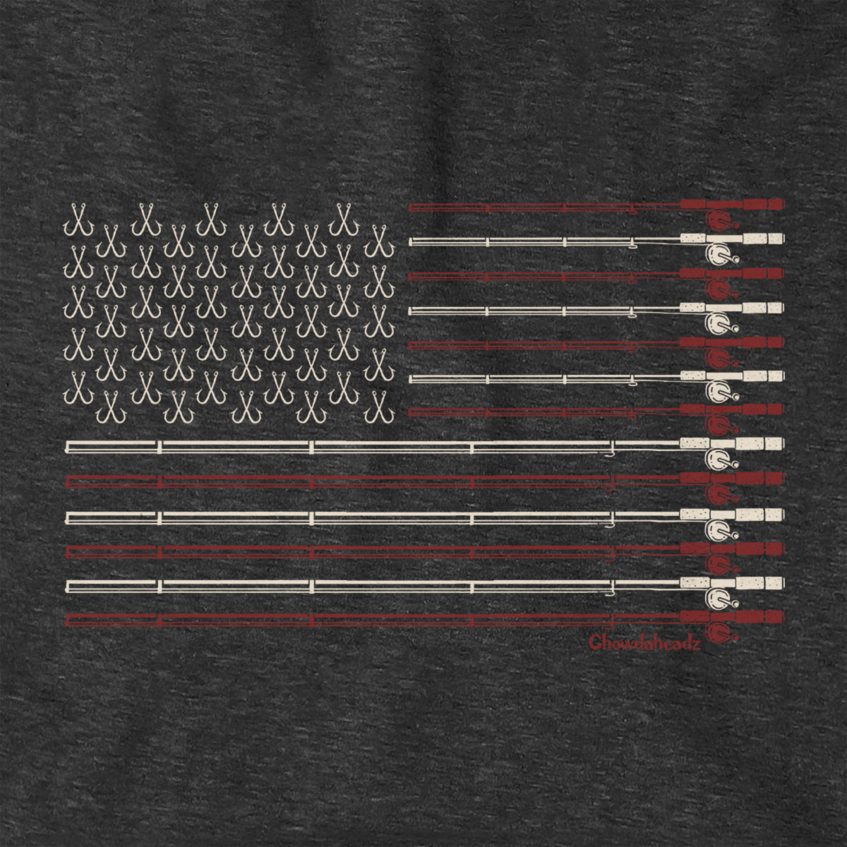 Close-up of charcoal USA Fishing Flag hoodie design — flag-and-tackle illustration