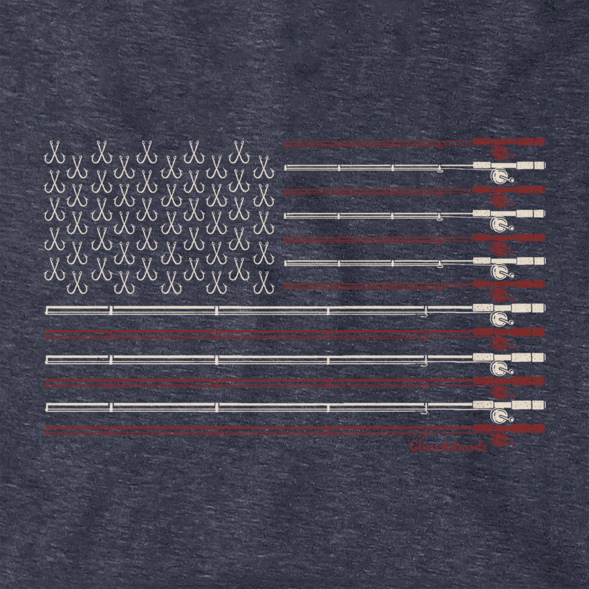 Close-up of heather blue USA Fishing Flag hoodie design — flag-and-tackle illustration
