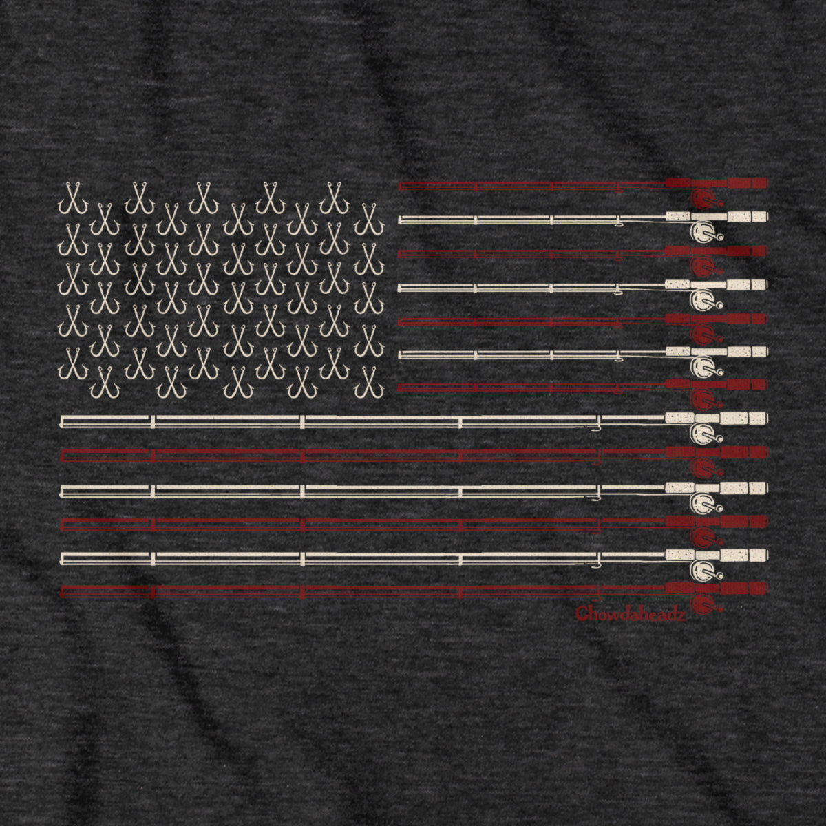 Close-up of charcoal USA Fishing Flag t-shirt design — flag-and-tackle illustration detail