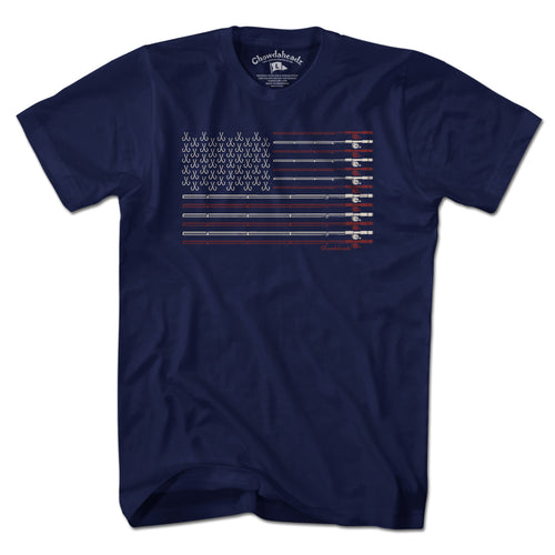 USA Fishing Flag t-shirt in navy — American flag built from fishing rods and lures