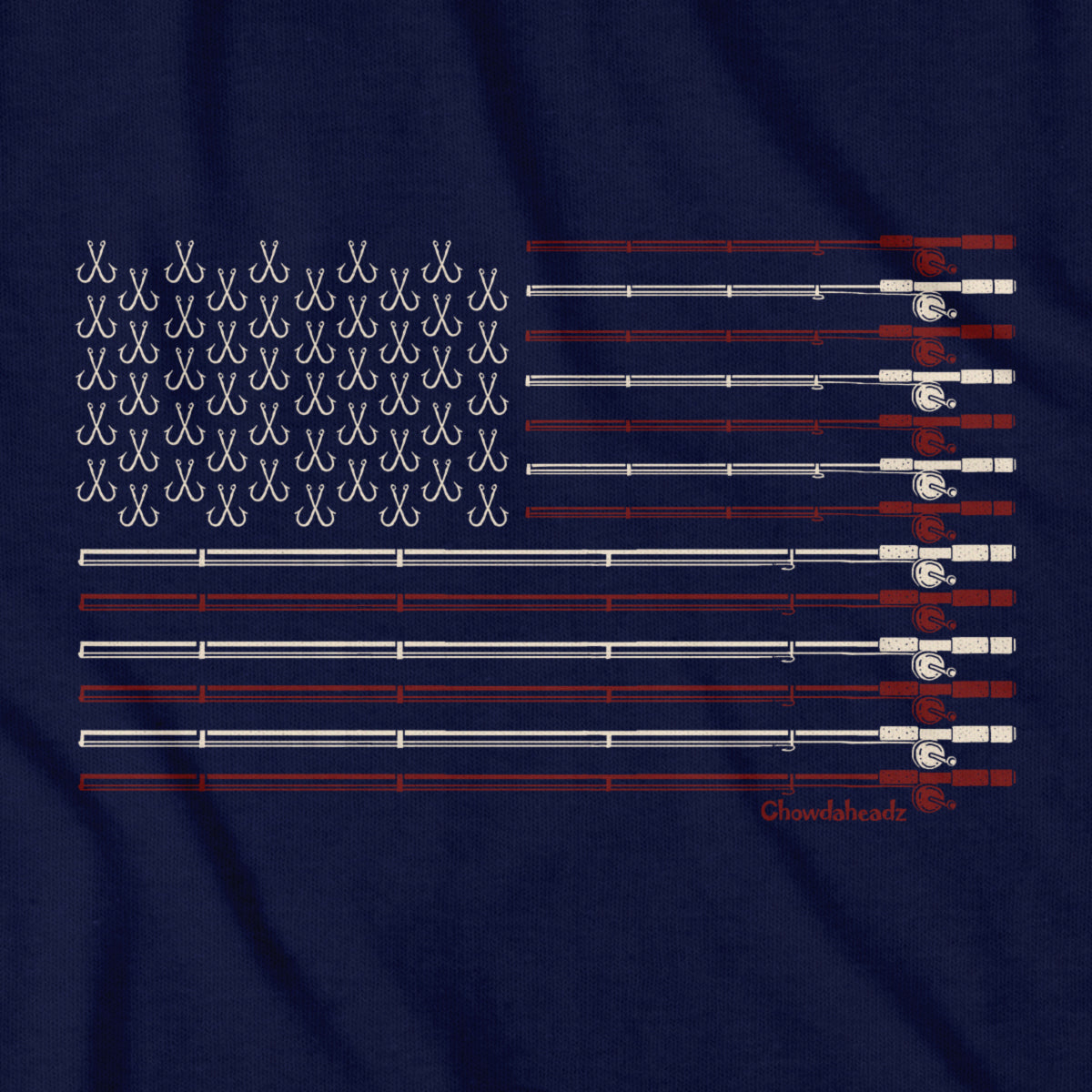 Close-up of navy USA Fishing Flag t-shirt design — flag-and-tackle illustration detail
