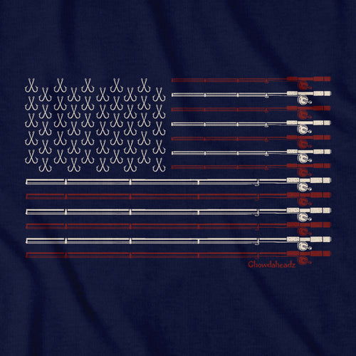 Close-up of navy USA Fishing Flag t-shirt design — flag-and-tackle illustration detail