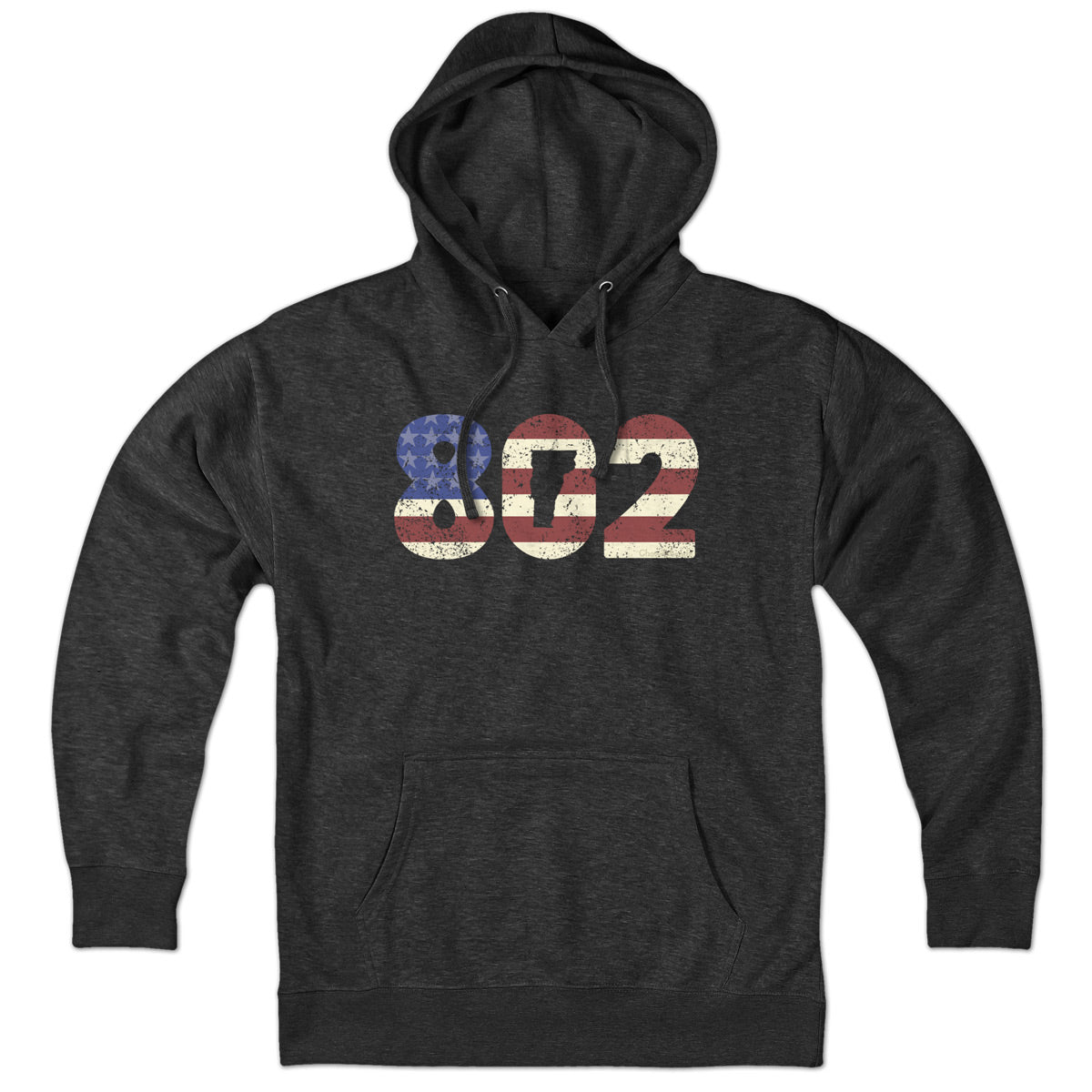 Patriotic 802 Vermont hoodie in charcoal — bold area-code lettering with stars-and-stripes accent