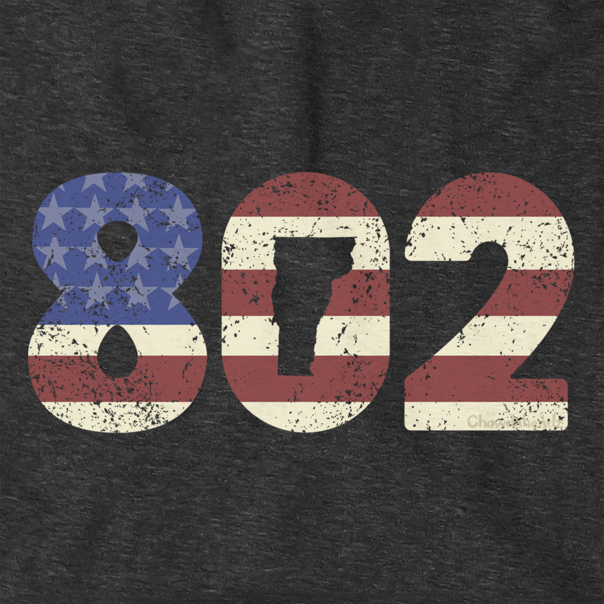 Close-up of charcoal Patriotic 802 hoodie design — area code and flag detail