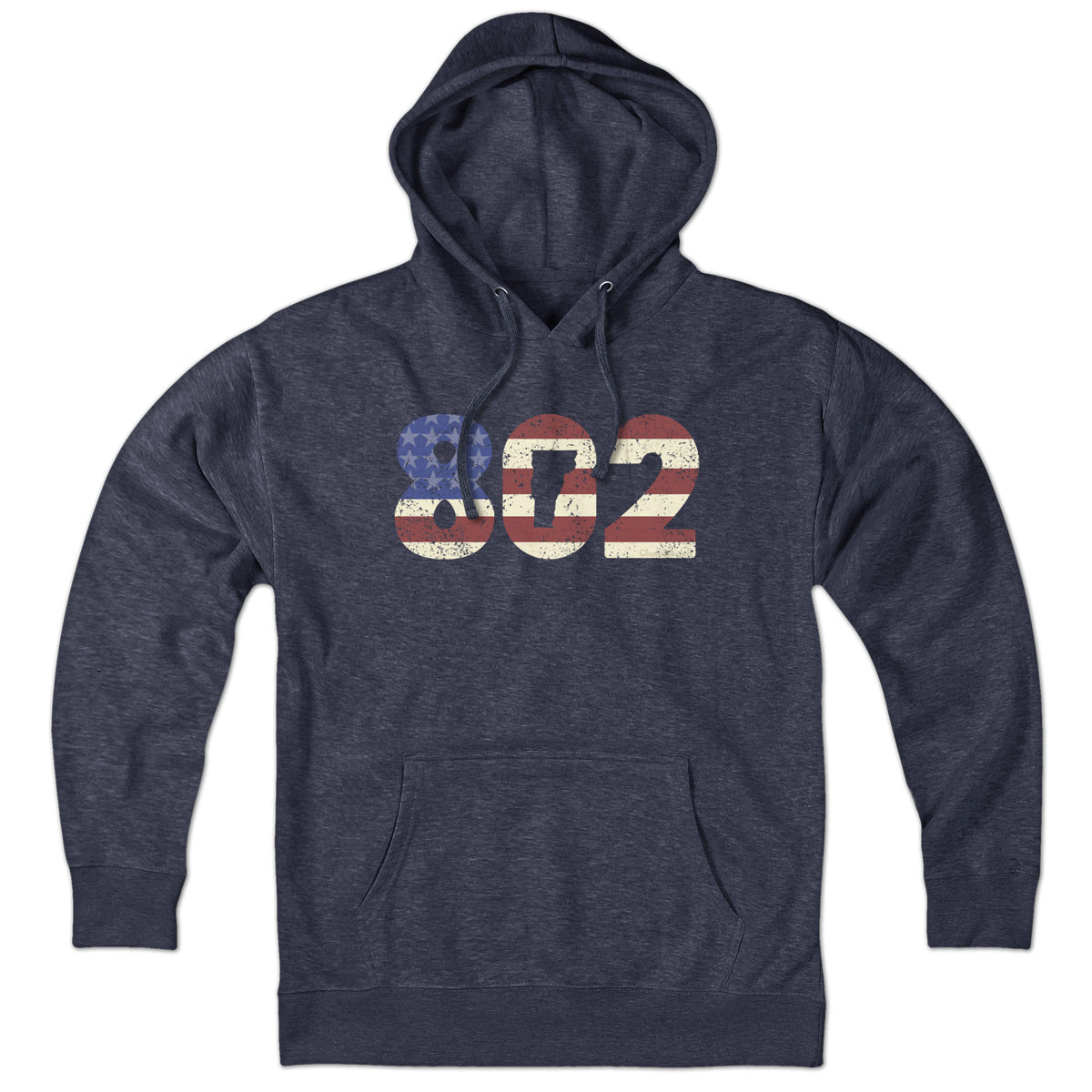 Patriotic 802 Vermont hoodie in heather blue — bold area-code lettering with stars-and-stripes accent