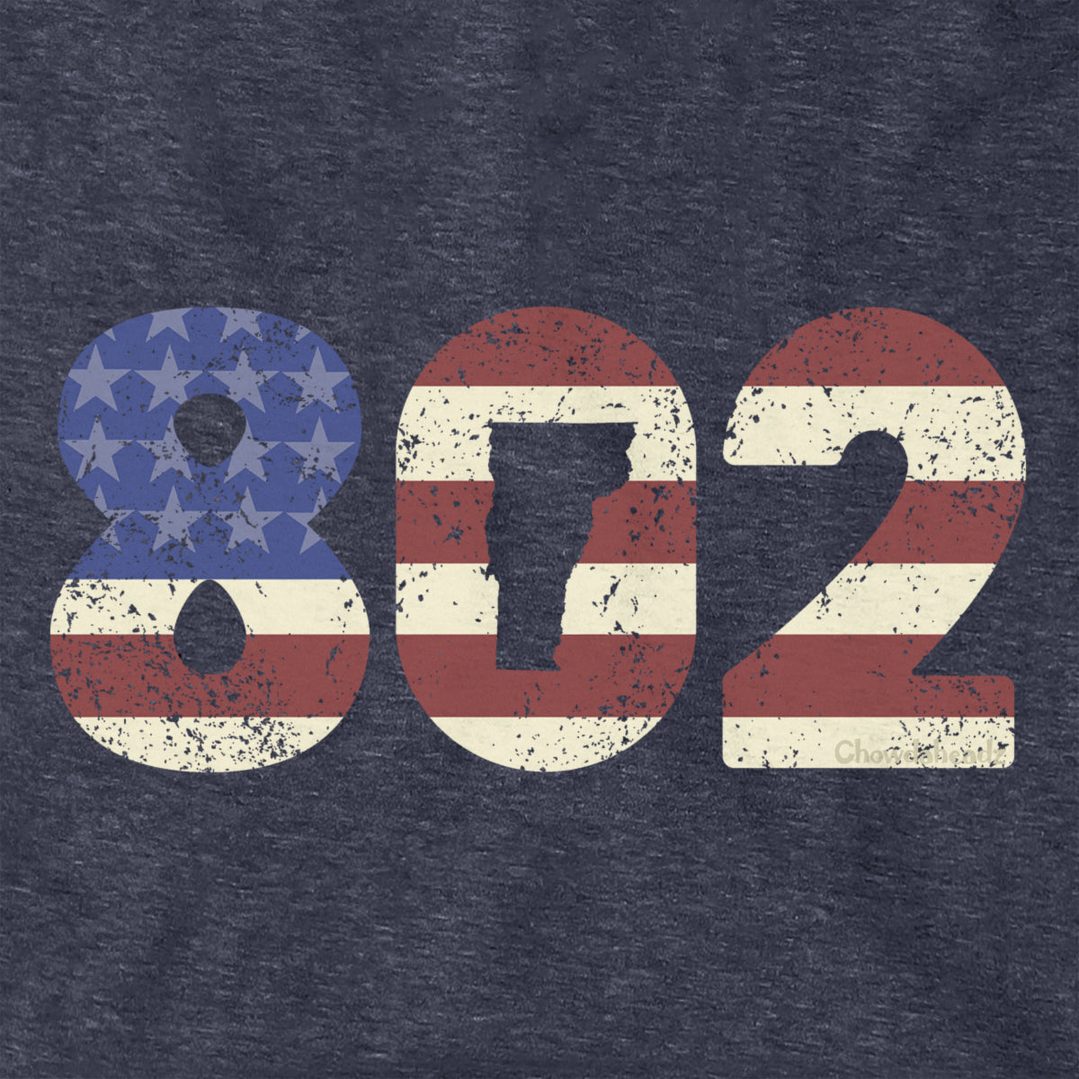 Close-up of heather blue Patriotic 802 hoodie design — area code and flag detail