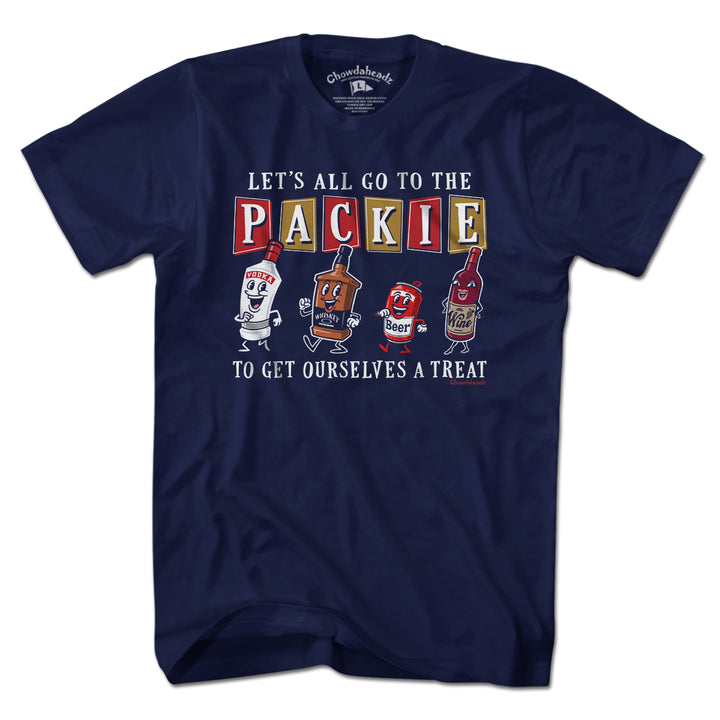 Let's All Go To The Packie T-Shirt — men's tee flat lay in Navy