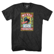 Wicked Thankful Turkey Label T-Shirt — men's tee flat lay in Charcoal
