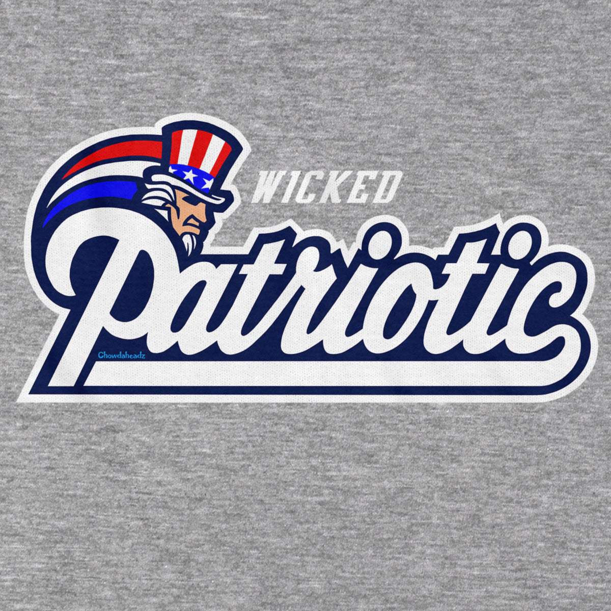 Close-up of gray Wicked Patriotic USA Logo shirt design — Boston-voice lettering and flag detail