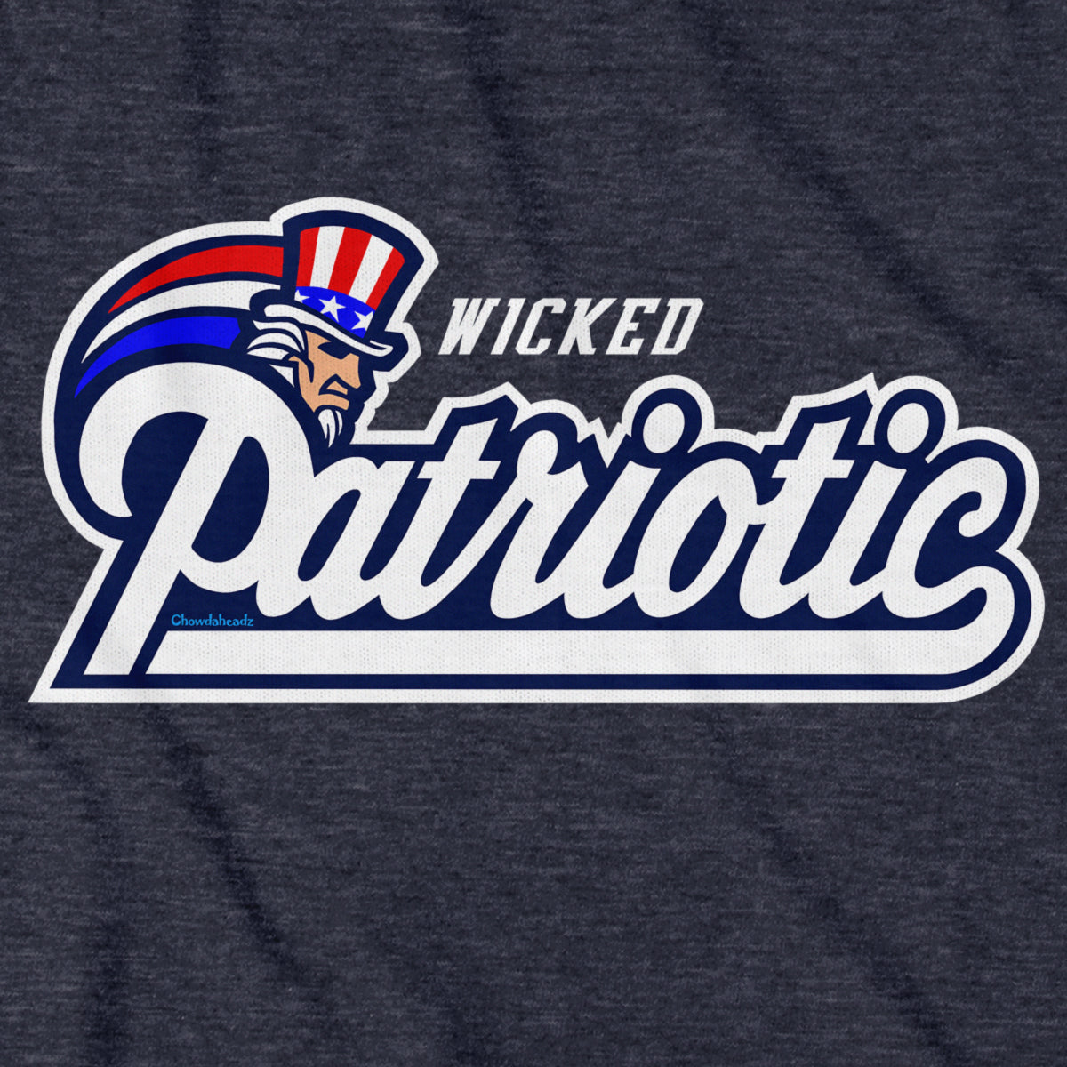 Close-up of heather blue Wicked Patriotic USA Logo shirt design — Boston-voice lettering and flag detail