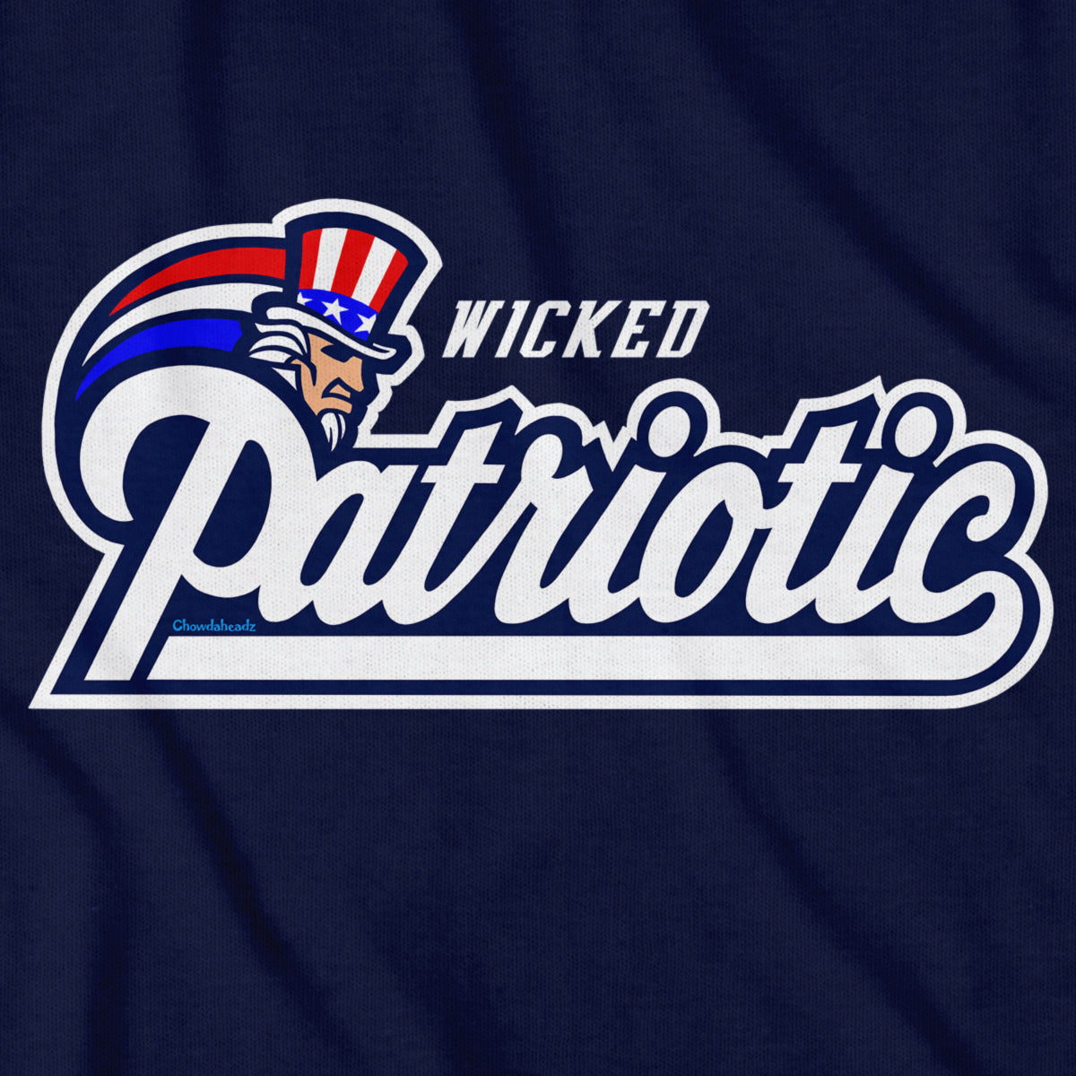 Close-up of navy Wicked Patriotic USA Logo shirt design — Boston-voice lettering and flag detail