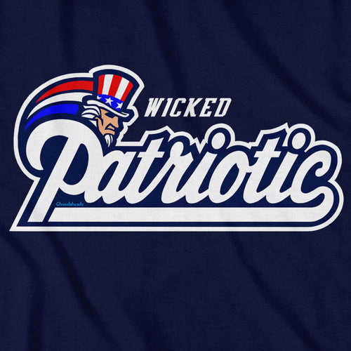 Close-up of navy Wicked Patriotic USA Logo shirt design — Boston-voice lettering and flag detail