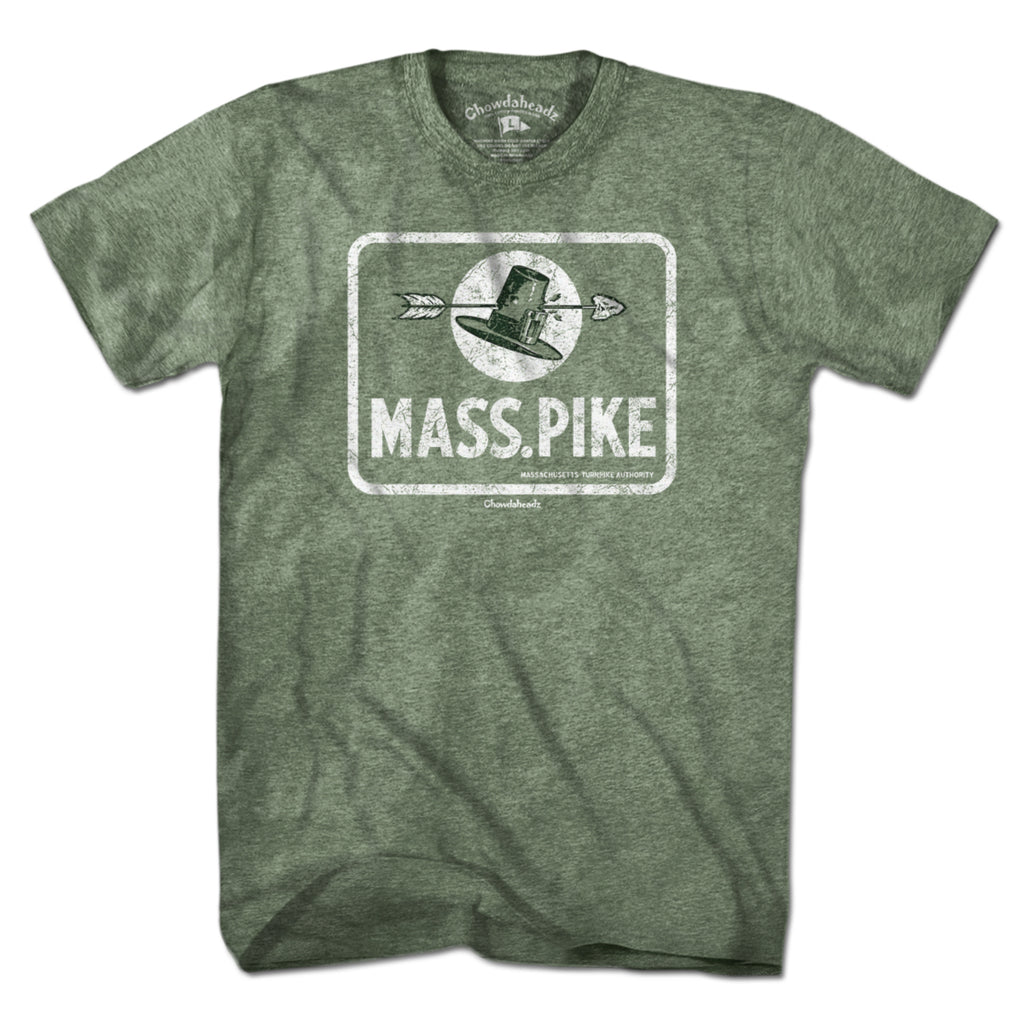 Vintage Mass Pike Sign T-Shirt — men's tee flat lay in Military Green