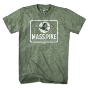 Vintage Mass Pike Sign T-Shirt — men's tee flat lay in Military Green