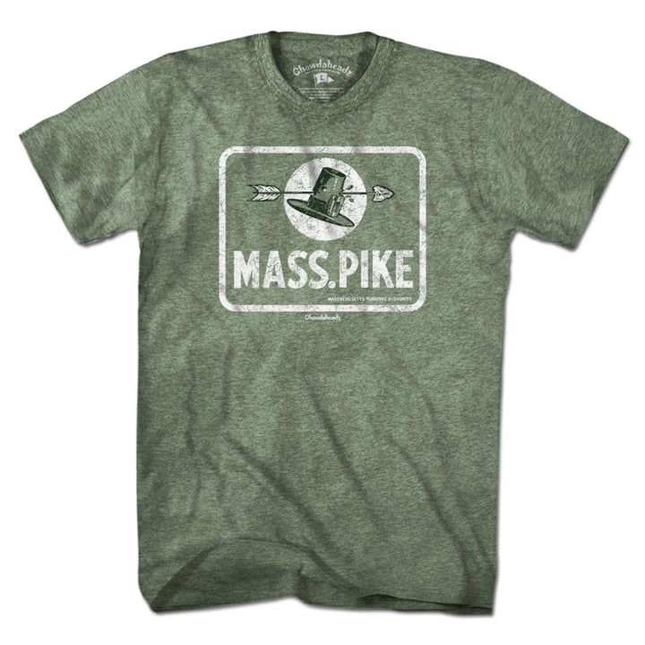 Vintage Mass Pike Sign T-Shirt — men's tee flat lay in Military Green