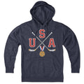 USA Cross Sticks hoodie with crossed hockey sticks on stars-and-stripes — patriotic hockey hoodie