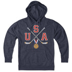USA Cross Sticks hoodie with crossed hockey sticks on stars-and-stripes — patriotic hockey hoodie