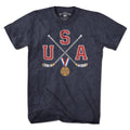 USA Cross Sticks Hockey t-shirt in heather blue — crossed hockey sticks on stars-and-stripes graphic