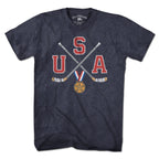 USA Cross Sticks Hockey t-shirt in heather blue — crossed hockey sticks on stars-and-stripes graphic