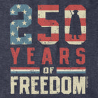Close-up of 250 Years of Freedom hoodie in heather blue — flag-and-stars graphic detail