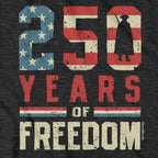 Close-up of 250 Years of Freedom t-shirt in charcoal — flag-and-stars graphic detail
