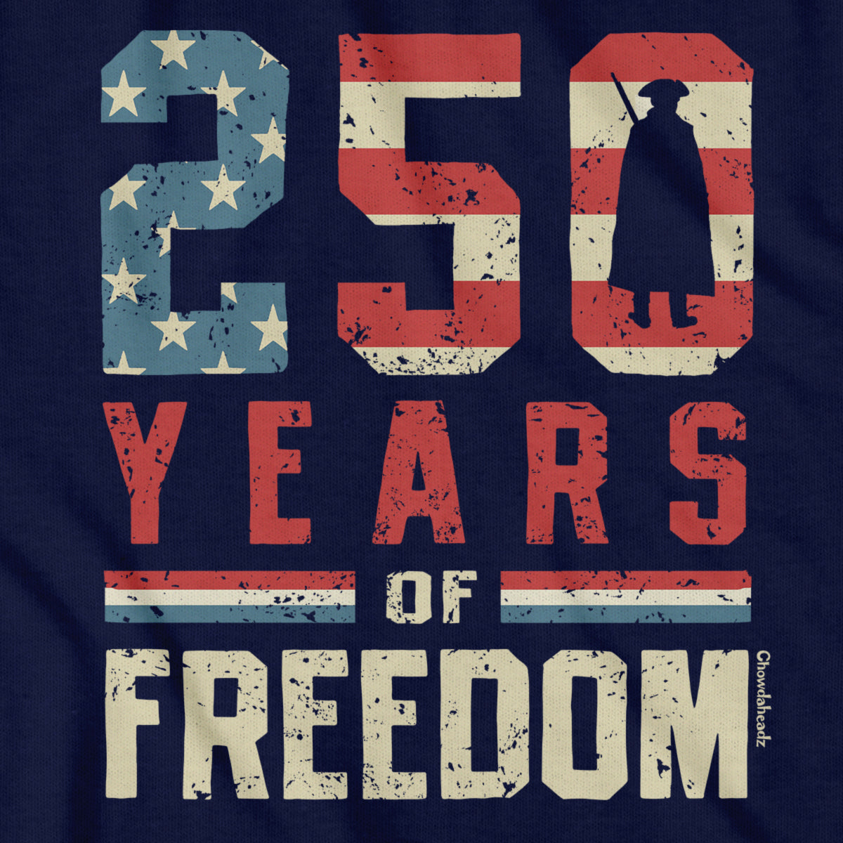 Close-up of 250 Years of Freedom t-shirt in navy — flag-and-stars graphic detail