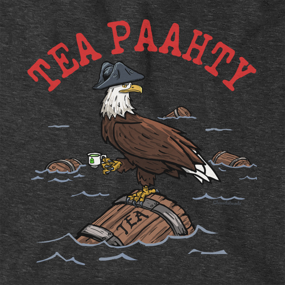 Close-up of Tea Paahty Eagle hoodie in charcoal — eagle graphic and Boston-accent lettering detail