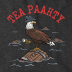 Close-up of Tea Paahty Eagle hoodie in charcoal — eagle graphic and Boston-accent lettering detail