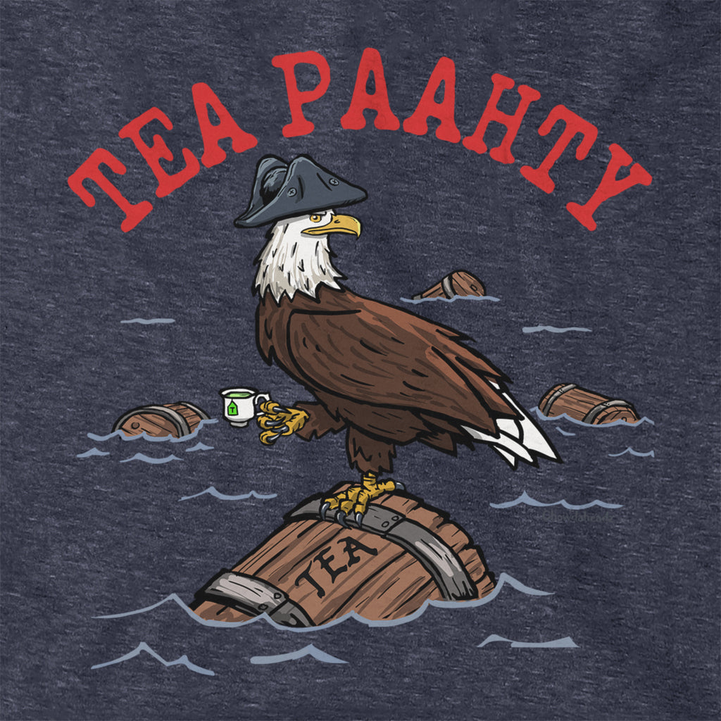 Close-up of Tea Paahty Eagle hoodie in heather blue — eagle graphic detail