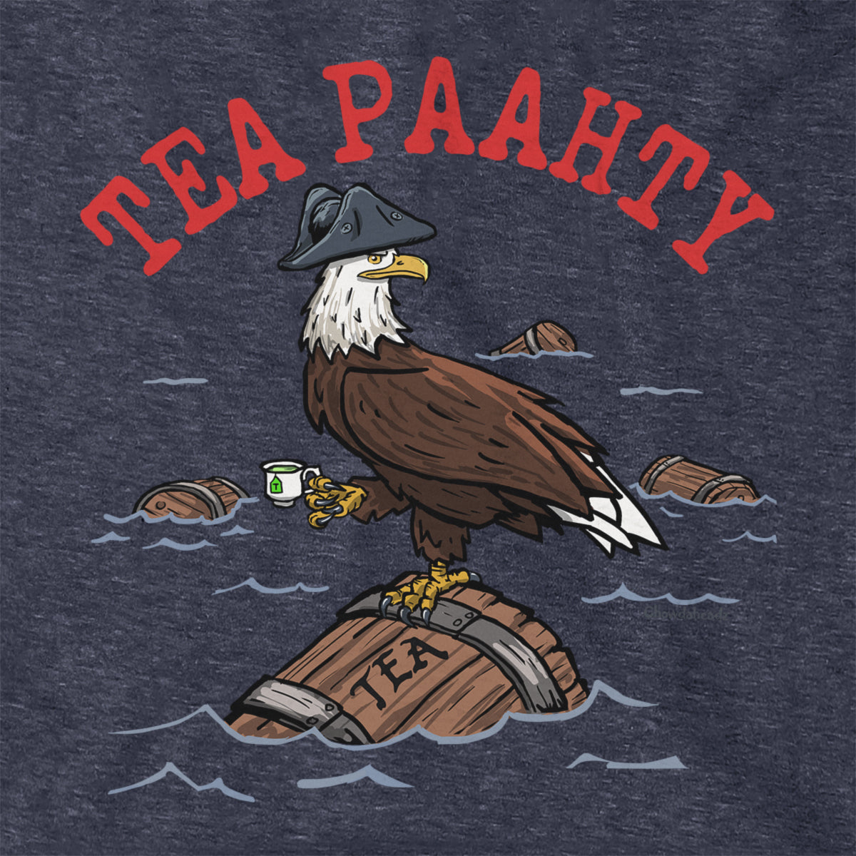 Close-up of Tea Paahty Eagle hoodie in heather blue — eagle graphic detail